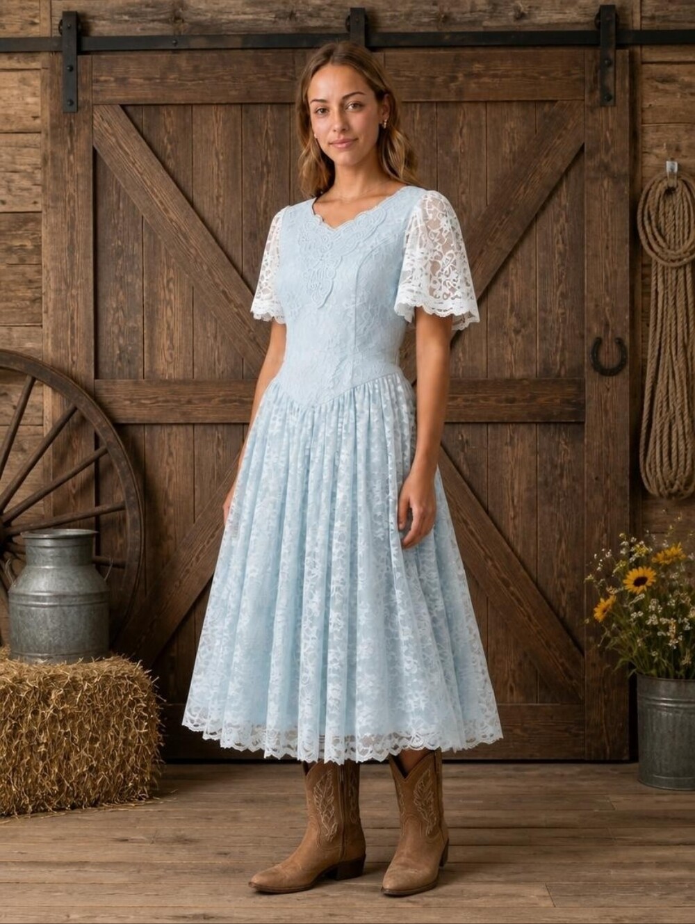 Vintage 1970s Gunne Sax Ice Blue/White Lace Dress
